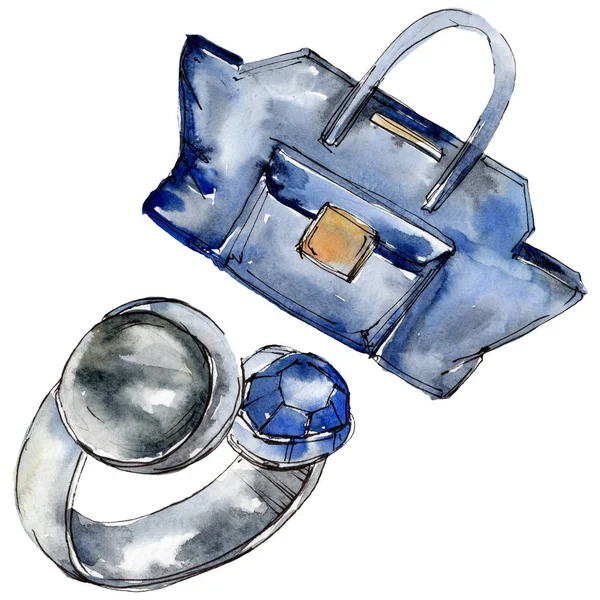 Handtasche und Ring skizzieren Glamour-Illustration in einem Aquarell-Stil isolierten Element. Aquarell Hintergrund Set. — Stockfoto