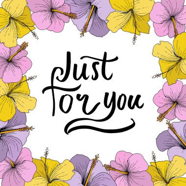 Vektör Hibiscus çiçek tropik çiçekler. Beyaz arka plan üzerinde oyulmuş mürekkep sanat. Çerçeve kenarlığı süsleme Meydanı.