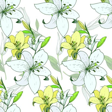 Vektör Lily botanik çiçek. Oyulmuş mürekkep sanat. Sorunsuz arka plan deseni. Kumaş duvar kağıdı yazdırma doku.