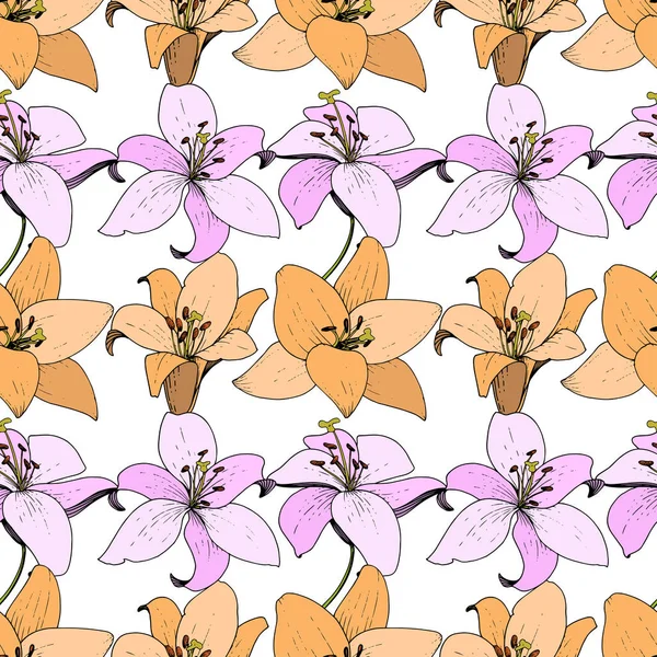 Flor botánica floral Vector Lily. Arte de tinta grabada. Patrón de fondo sin costuras. Textura de impresión de papel pintado de tela . — Vector de stock
