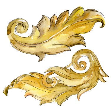 Altın monogram çiçek süsleme. Barok izole öğeleri Tasarla. Suluboya arka plan illüstrasyon seti.