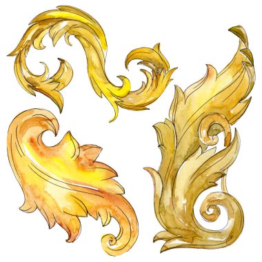 Altın monogram çiçek süsleme. Barok izole öğeleri Tasarla. Suluboya arka plan illüstrasyon seti.