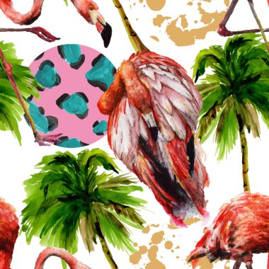 Egzotik kırmızı flamingo izole bir yaban hayatı içinde. Suluboya arka plan illüstrasyon küme. Sorunsuz arka plan deseni.