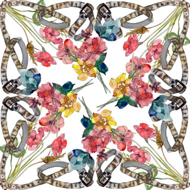 Lüks moda kır çiçekleri botanik çiçeklerle yazdırır. Suluboya resim kümesi. Arka plan deseni.