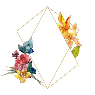 Kır çiçeği buket çiçek botanik çiçekler. Suluboya arka plan illüstrasyon küme. Çerçeve kenarlığı süsleme Meydanı.