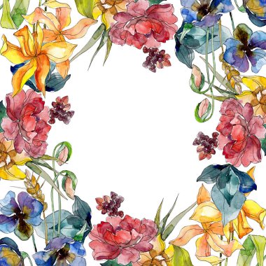 Kır çiçeği buket çiçek botanik çiçekler. Suluboya arka plan illüstrasyon küme. Çerçeve kenarlığı süsleme Meydanı.