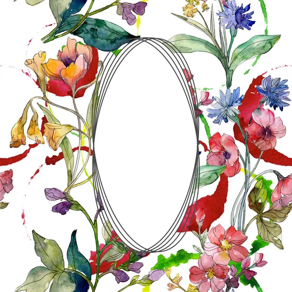 Wildflower boeket bloemen botanische bloemen. Aquarel achtergrond afbeelding instellen. Frame grens ornament vierkant. — Stockfoto