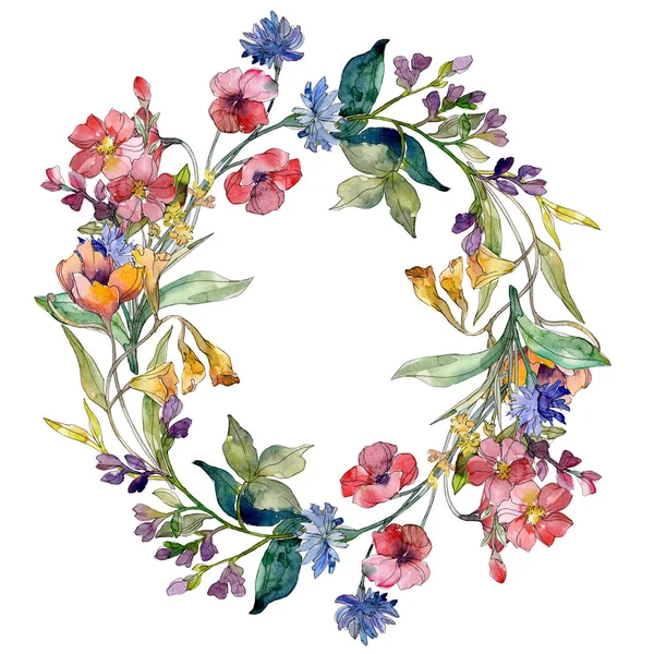 Mazzo di fiori selvatici fiori botanici floreali. Acquerello sfondo illustrazione set. Quadrato ornamento bordo cornice . — Foto Stock