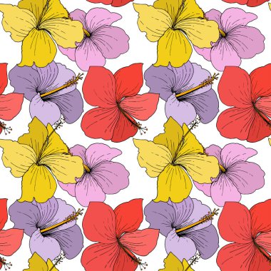 Vektör Hibiscus çiçek tropik çiçekler. Beyaz arka plan üzerinde oyulmuş mürekkep sanat. Sorunsuz arka plan deseni.