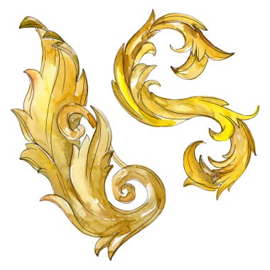 Altın monogram çiçek süsleme. Barok izole öğeleri Tasarla. Suluboya arka plan illüstrasyon seti.