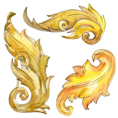 Altın monogram çiçek süsleme. Barok izole öğeleri Tasarla. Suluboya arka plan illüstrasyon seti.