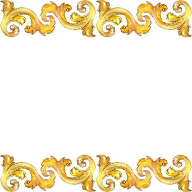 Altın monogram çiçek süsleme. Suluboya arka plan illüstrasyon küme. Çerçeve kenarlığı süsleme Meydanı.