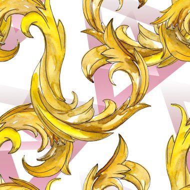 Altın monogram çiçek süsleme. Suluboya arka plan illüstrasyon küme. Sorunsuz arka plan deseni.