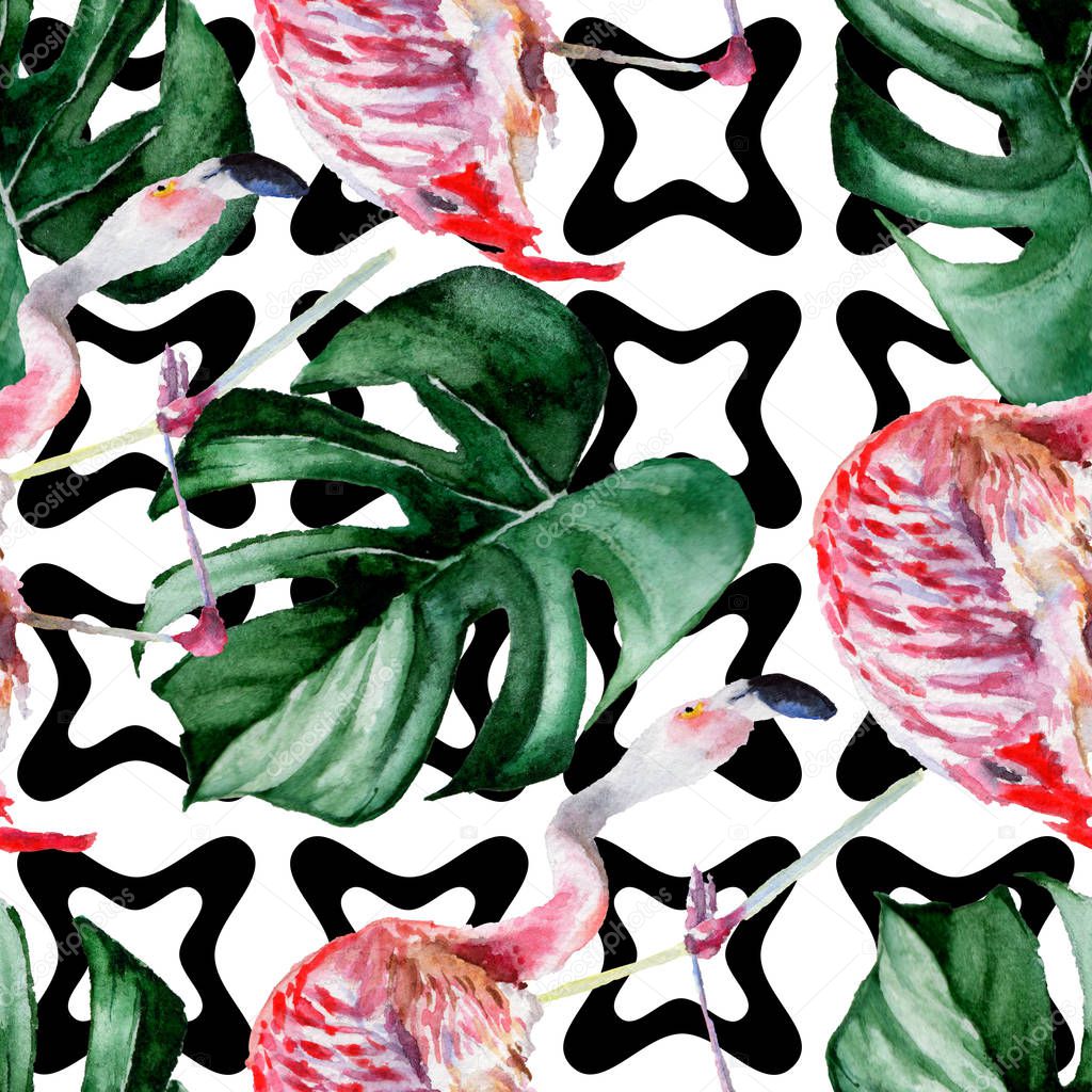 Exotic red flamingo in a wildlife isolated. Watercolor background illustration set. Seamless background pattern.