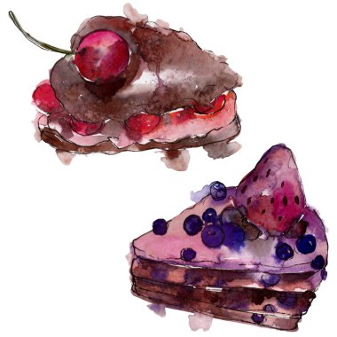 Meyve izole bir sulu boya stilinde lezzetli pasta. Aquarelle tatlı tatlı. Arka plan illüstrasyon seti.