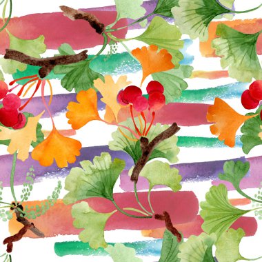 Ginkgo biloba yeşil ve sarı bırakır. Suluboya arka plan illüstrasyon küme. Sorunsuz arka plan deseni.