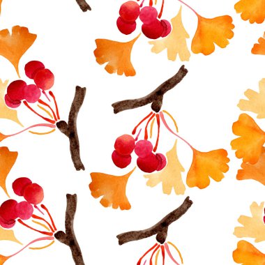 Ginkgo biloba sarı bırakır. Suluboya arka plan illüstrasyon küme. Sorunsuz arka plan deseni.