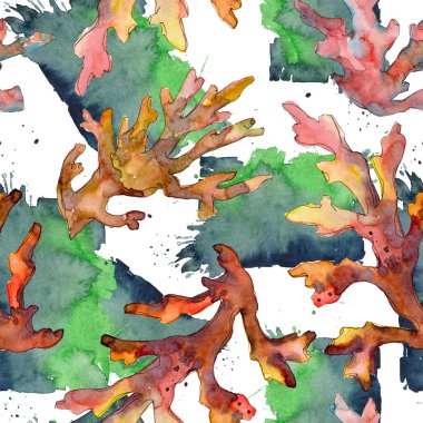 Kırmızı ve sarı su sualtı doğa mercan kayalığı. Suluboya resim kümesi. Sorunsuz arka plan deseni.