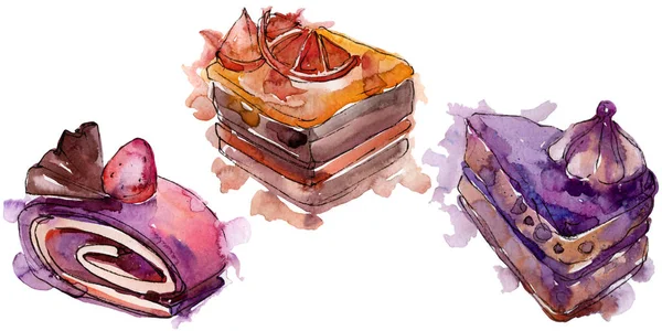 分離された水彩画のフルーツのおいしいケーキ。アクワレル甘いデザート。背景イラスト セット. — ストック写真