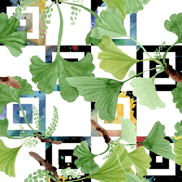 Ginkgo biloba green leaves. Watercolor background illustration set. Seamless background pattern.