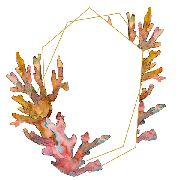 빨간색과 노란색 수생 자연 산호초 수채화 배경 그림 설정 합니다. 프레임 테두리 장식 스퀘어. — 스톡 사진