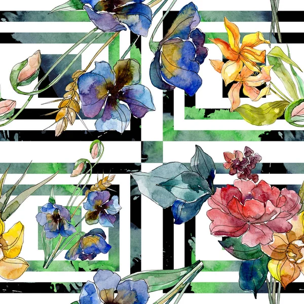 Impressões de moda de luxo com flores silvestres flores botânicas. Conjunto de ilustrações aquarela. Padrão de fundo sem costura . — Fotografia de Stock