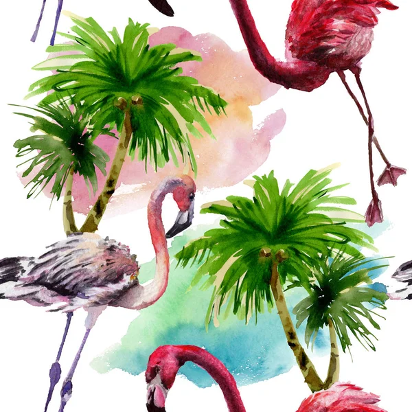 Exotiska röda flamingo i ett djurliv som isolerade. Akvarell bakgrund illustration set. Sömlös bakgrundsmönster. — Stockfoto