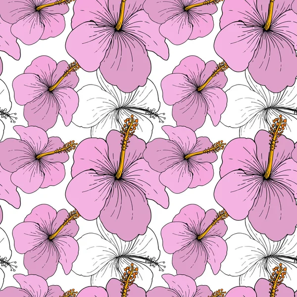 Vector Hibiscus bloemen tropische bloemen. De kunst van het gegraveerde inkt op een witte achtergrond. Naadloze achtergrondpatroon. — Stockvector