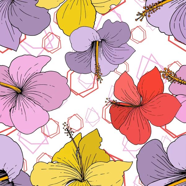ハイビスカス花の熱帯花をベクトルします。白い背景に刻まれたインク アート。シームレスな背景パターン. — ストックベクタ