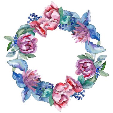 Mor buket botanik çiçek. Suluboya arka plan illüstrasyon küme. Çerçeve kenarlığı süsleme Meydanı.