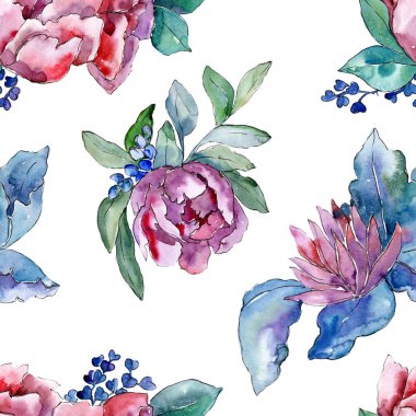Mor buket botanik çiçek. Suluboya arka plan illüstrasyon küme. Sorunsuz arka plan deseni.