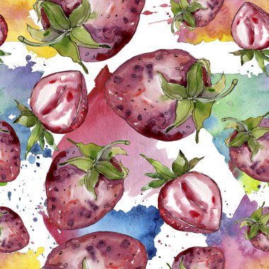 Çilek sağlıklı gıda izole bir suluboya tarzında. Suluboya resim kümesi. Sorunsuz arka plan deseni.