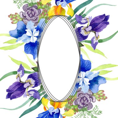 Mavi süsen buket çiçek botanik çiçekler. Suluboya arka plan illüstrasyon küme. Çerçeve kenarlığı süsleme Meydanı.