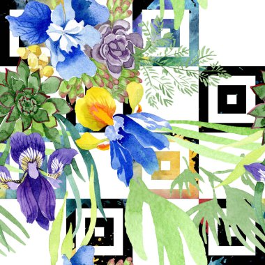 Mavi süsen buket çiçek botanik çiçekler. Suluboya arka plan illüstrasyon küme. Sorunsuz arka plan deseni.