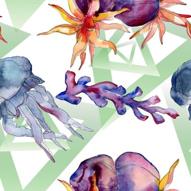 Renkli su sualtı doğa mercan kayalığı. Suluboya arka plan illüstrasyon küme. Sorunsuz arka plan deseni.