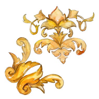 Altın monogram çiçek süsleme. Barok izole öğeleri Tasarla. Suluboya arka plan illüstrasyon seti.