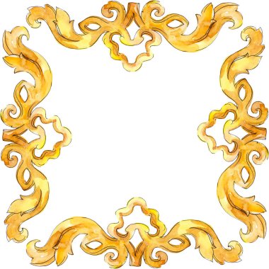 Altın monogram çiçek süsleme. Suluboya arka plan illüstrasyon küme. Çerçeve kenarlığı süsleme Meydanı.