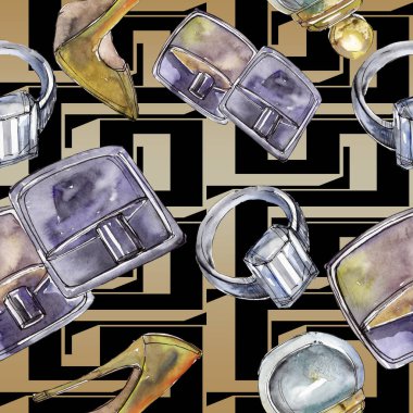 Moda kroki glamour çizimde bir suluboya stil izole öğesi. Sorunsuz arka plan deseni.