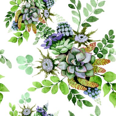 Etli buket çiçek botanik çiçekler. Suluboya arka plan illüstrasyon küme. Sorunsuz arka plan deseni.