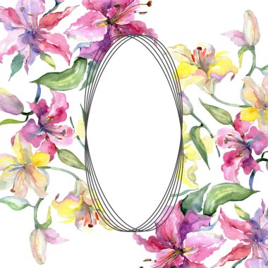 Kazablanka lilyum botanik çiçek sarı ve mor. Suluboya arka plan illüstrasyon küme. Çerçeve kenarlığı süsleme Meydanı.