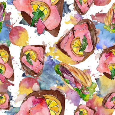 Bir suluboya tarzında sandviç. Suluboya lokanta illüstrasyon öğesi. Sorunsuz arka plan deseni.