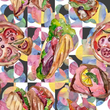 Bir suluboya tarzında sandviç. Suluboya lokanta illüstrasyon öğesi. Sorunsuz arka plan deseni.