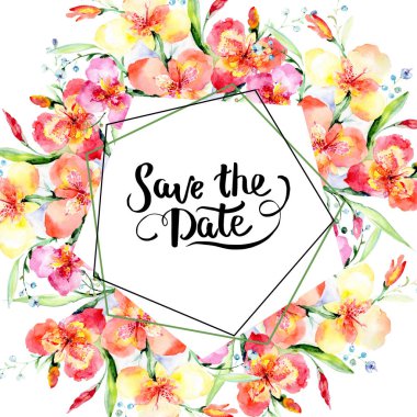 Turuncu viyola buket botanik çiçek. Suluboya arka plan illüstrasyon küme. Çerçeve kenarlığı kristal süsleme Meydanı.