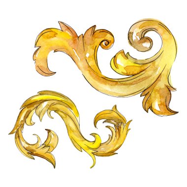 Altın monogram çiçek süsleme. Barok izole öğeleri Tasarla. Suluboya arka plan illüstrasyon seti.