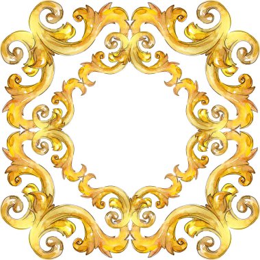 Altın monogram çiçek süsleme. Suluboya arka plan illüstrasyon küme. Çerçeve kenarlığı süsleme Meydanı.