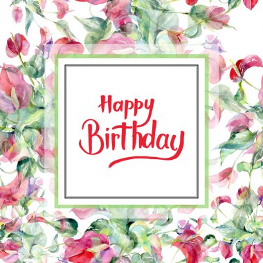 Pembe spatifilyum çiçek botanik çiçekler. Suluboya arka plan illüstrasyon küme. Çerçeve kenarlığı süsleme Meydanı.