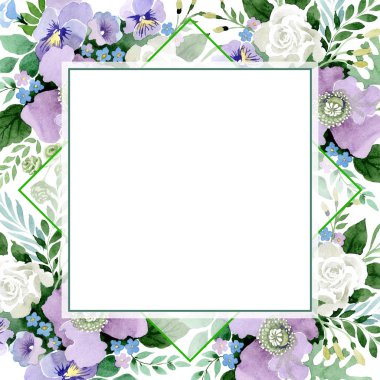 Menekşe buketi çiçek botanik çiçekler. Suluboya arka plan illüstrasyon küme. Çerçeve kenarlığı süsleme Meydanı.