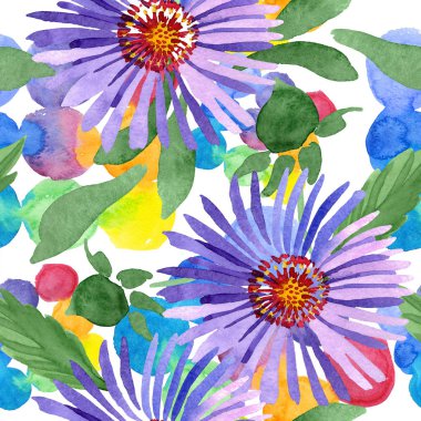 Mavi menekşe Aster çiçek botanik çiçekler. Suluboya arka plan illüstrasyon küme. Sorunsuz arka plan deseni.