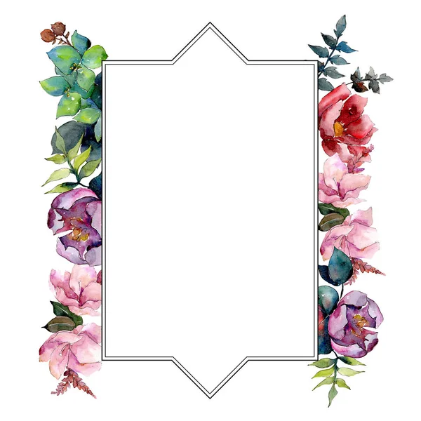 Boeket samenstelling floral botanische bloemen. Aquarel achtergrond afbeelding instellen. Frame grens ornament vierkant. — Stockfoto