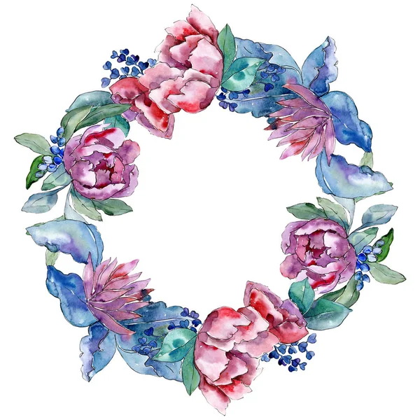 Lila Blumenstrauß botanische Blume. Aquarell Hintergrundillustration Set. Rahmen Rand Ornament Quadrat. — Stockfoto